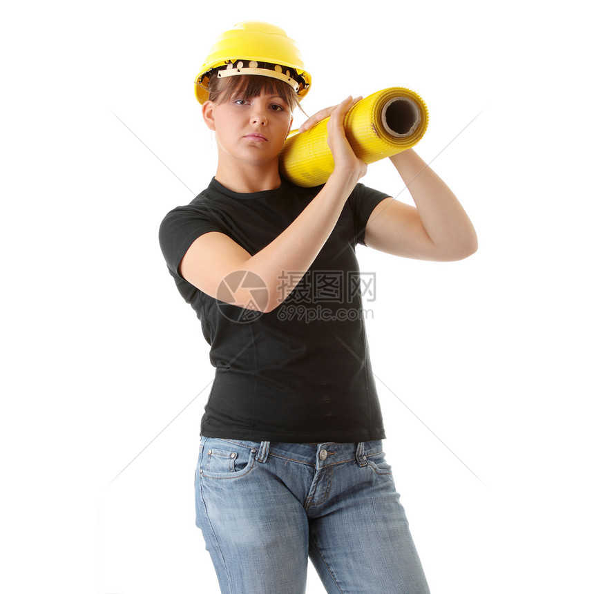 青年妇女建筑工工作商业帽子女士头盔机器腰带木匠安全男人图片