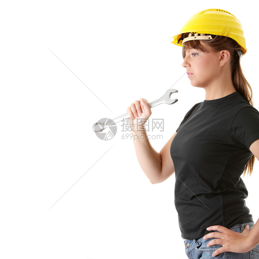 青年妇女建筑工商业头盔工人女孩承包商维修牛仔裤男人职业帽子图片