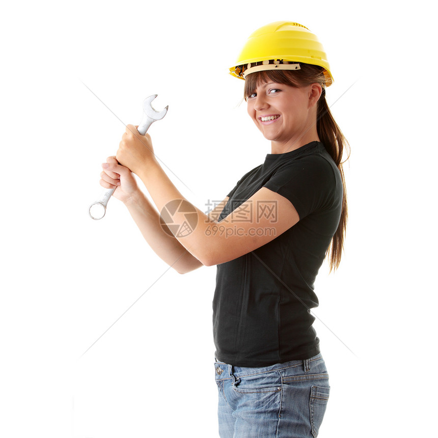 青年妇女建筑工建筑牛仔裤木匠工人职业机器男人帽子腰带安全图片