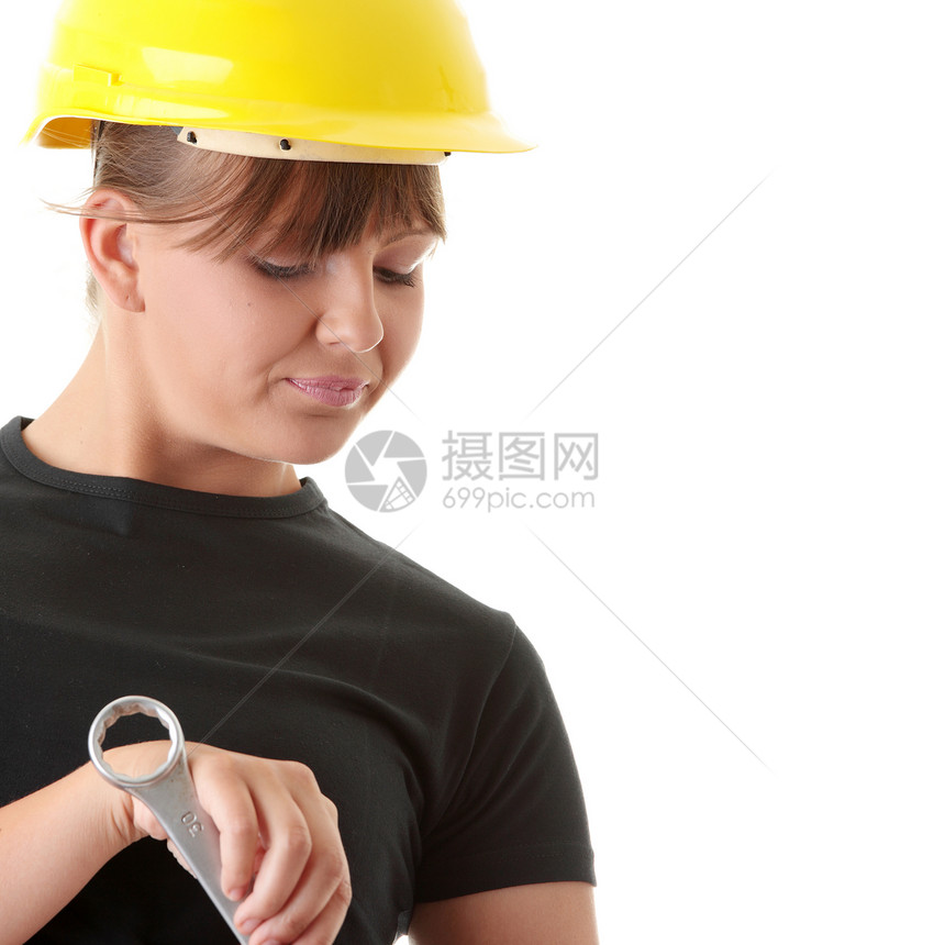 青年妇女建筑工建筑工具女孩建设者女性工作男人维修商业帽子图片