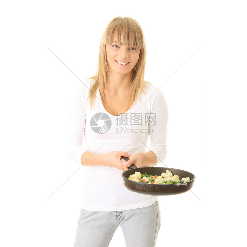 青年妇女烹饪食品食物女孩女性退休平底锅微笑厨房头发生活老年图片