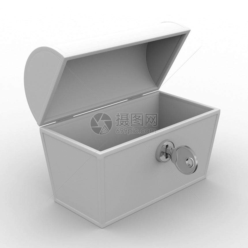 在白背景上打开框 孤立的 3D 图像惊喜盒子仓库胸部贮存闩锁挂锁配饰插图货物图片