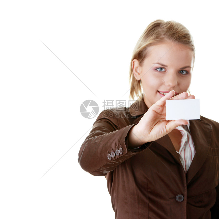 持空白名片的女士助手套装房间管理人员卡片商务展示人士交换贸易图片
