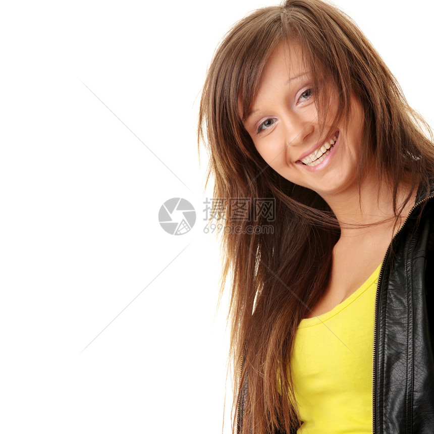 快乐和友好的年轻女士发型女孩工作室冒充金发女郎姿势青少年衣服头发裙子图片
