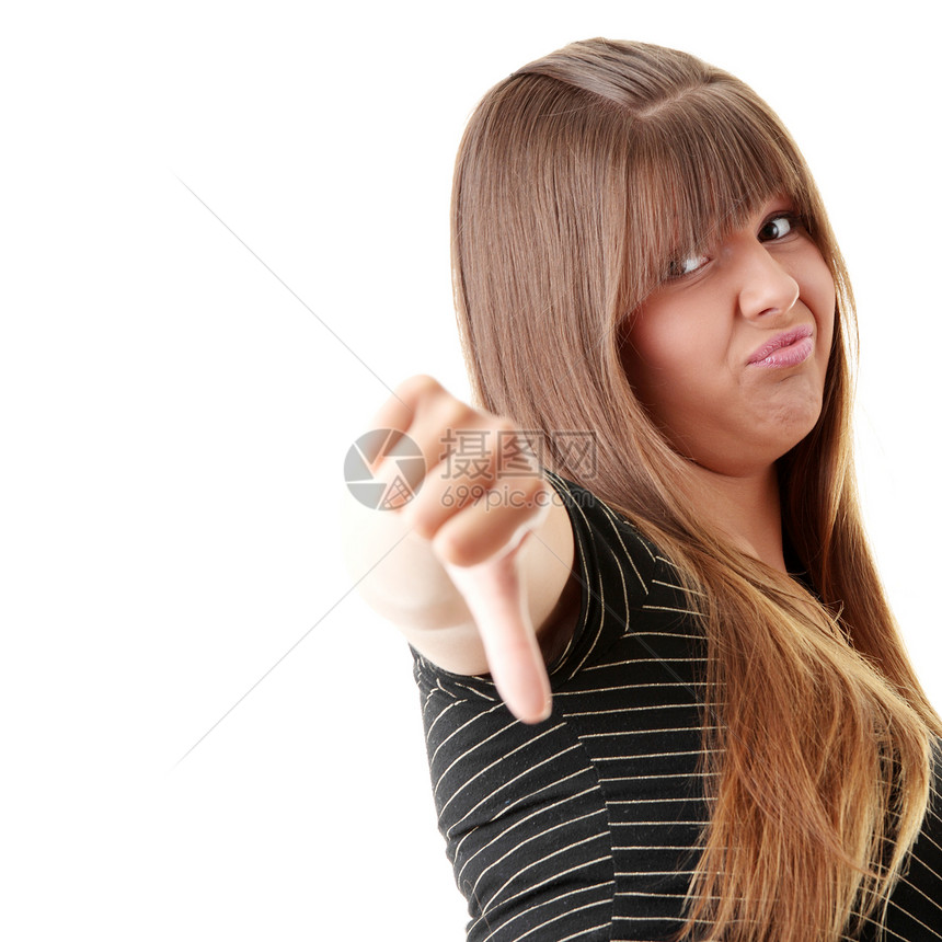 年轻女人的拇指向下女性衰退白色打败黑色女士女孩失败手指展示图片