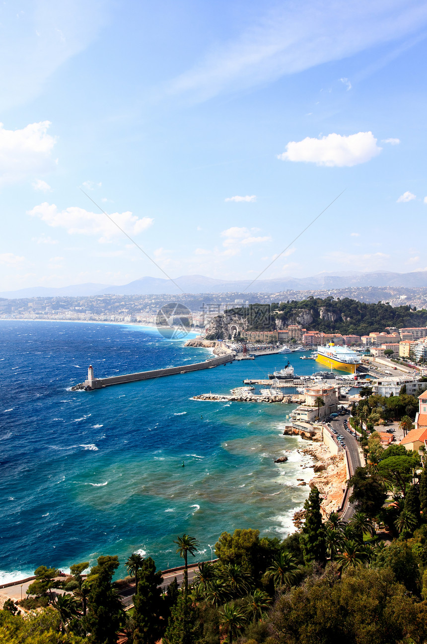 尼斯法国市空中航向黄色天空游艇港口桅杆旅行城市假期晴天明信片图片