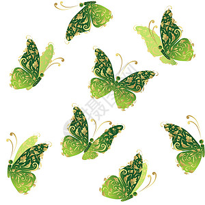 绿色艺术蝴蝶飞翔 鲜花金装饰品生态翅膀叶子白色飞行金子绘画黑色身体插图背景图片