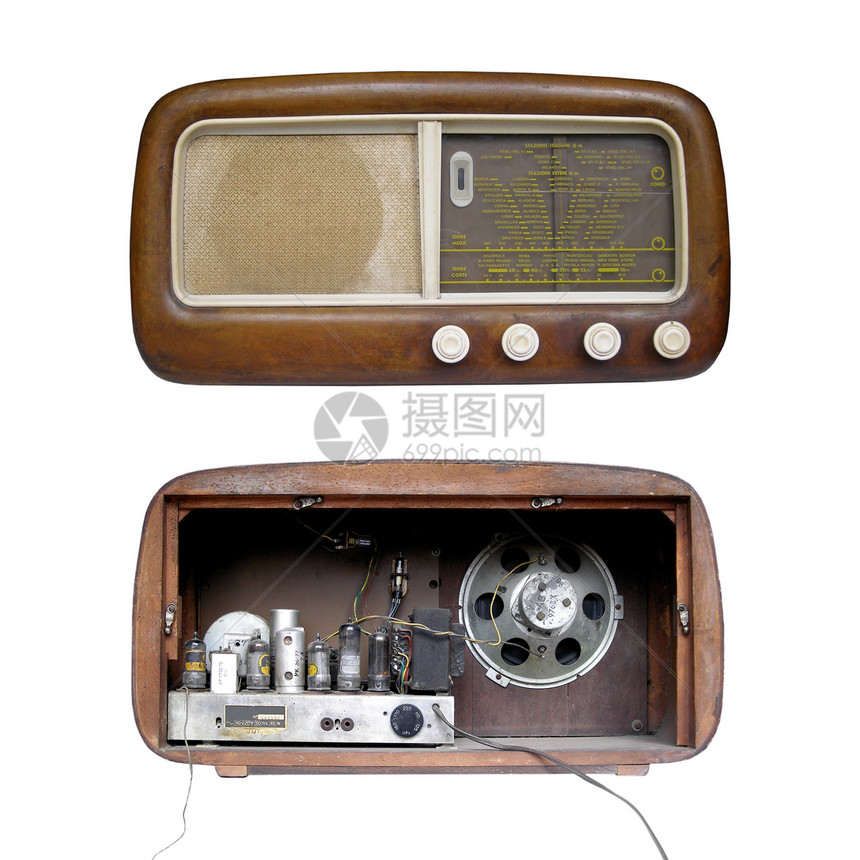 旧调频无线电调音器木头音乐电子产品播送白色天线图片