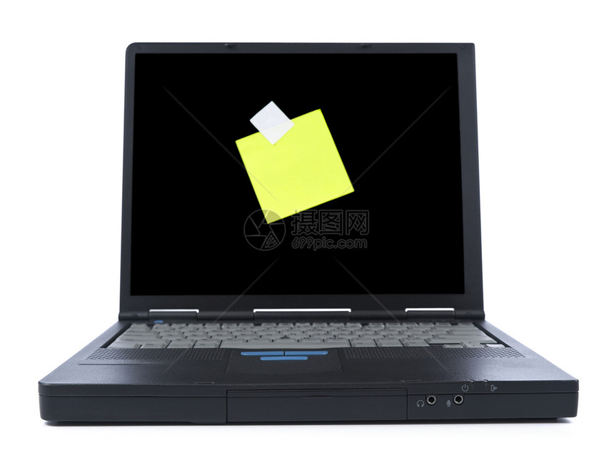 带有粘贴便笺的膝上型电脑数据空白笔记备忘录键盘记忆屏幕黑色黄色展示图片