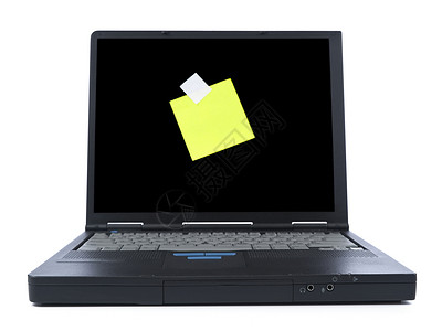 带有粘贴便笺的膝上型电脑数据空白笔记备忘录键盘记忆屏幕黑色黄色展示背景图片