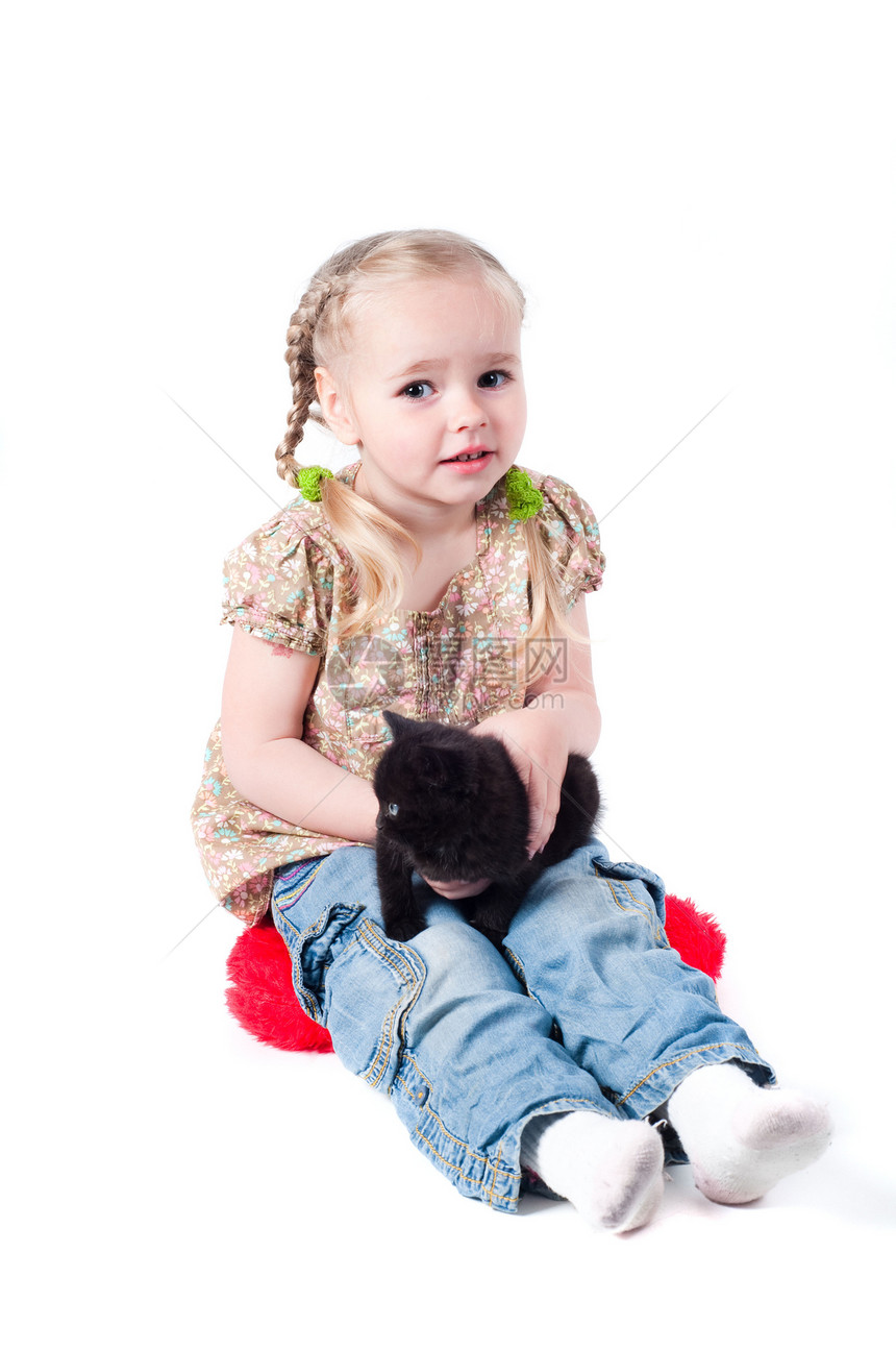 小女孩玩小猫咪尾巴哺乳动物乐趣猫咪毛皮蓝色工作室宠物眼睛猫科动物图片