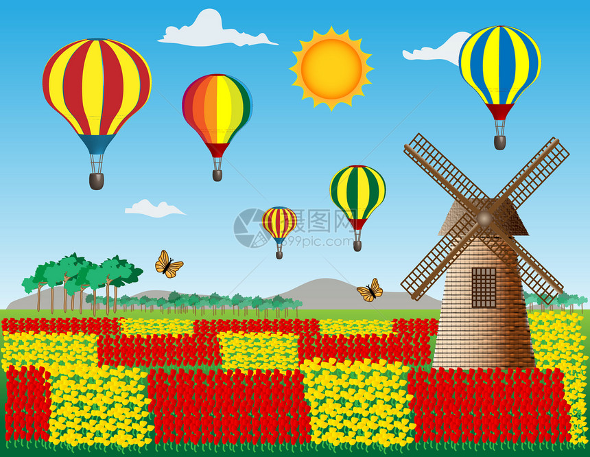 气球黄色花朵创造力飞机飞行风车天空红色晴天条纹图片