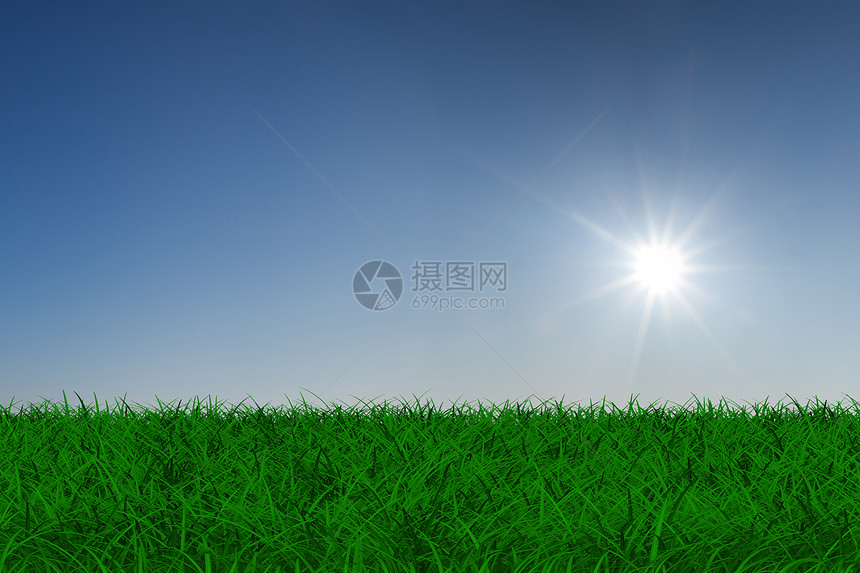 太阳在绿草地上 相隔的三维图像图片