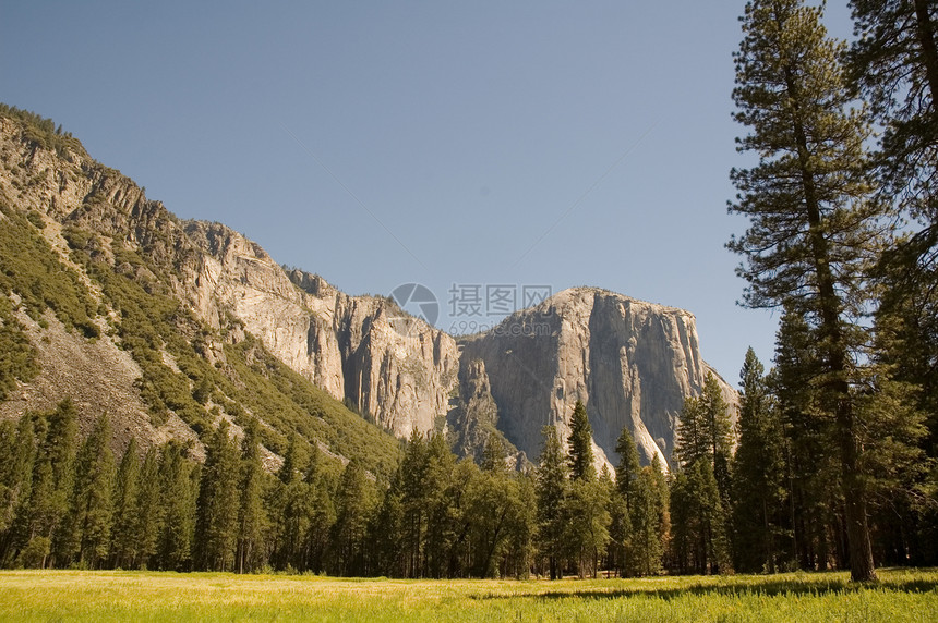 约塞米特河谷和El Capitan山脉花岗岩页岩刷子巨石草地地面悬崖树木擦洗图片