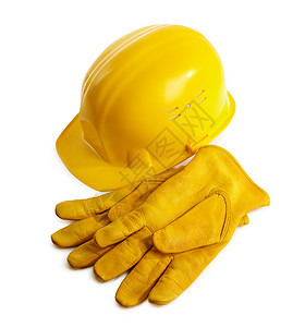 建筑工程概念安全帽黄色工具帽子构造静物日常用品头盔手套背景图片