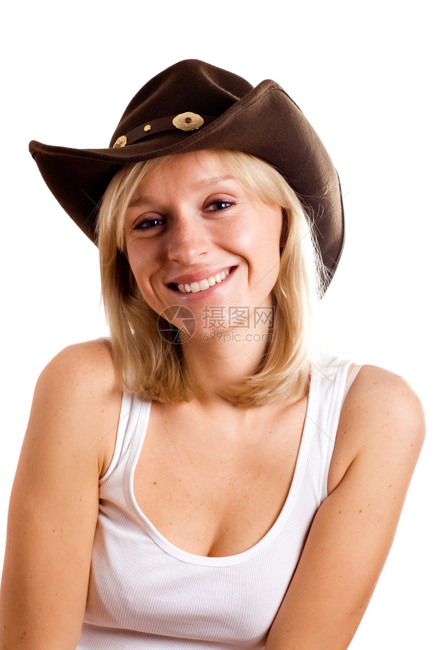 穿着帽子的漂亮西雅漂亮的女士白色喜悦牛仔裤成人衬衫牛仔女性快乐微笑金发女郎图片