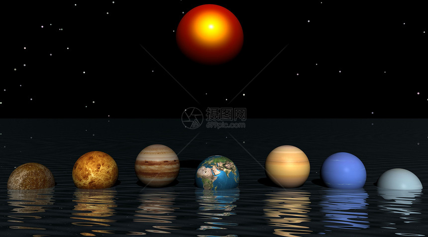太阳和行星天空地平线黑色橙子黄色日落白色蓝色轨道插图图片