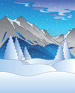 基岩有山丘的冬季风景下雪卡通片针叶爬坡松树悬崖艺术插图场景雪堆插画