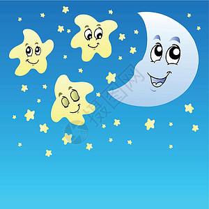 月亮脸夜空中 有可爱的星星和月亮设计图片
