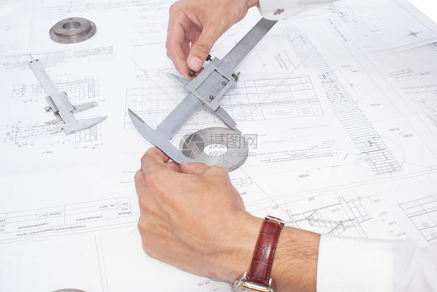 详细细节的计量测量金属技师工程项目卡尺圆形磁盘工具草稿图片