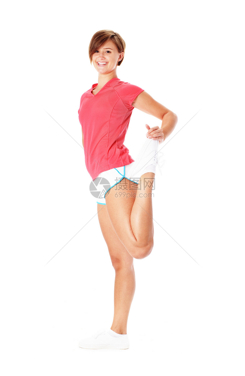 身穿红衫 孤立于白衣的年轻健康女性幸福女士青年喜悦身体福利娱乐金发女孩姿势图片
