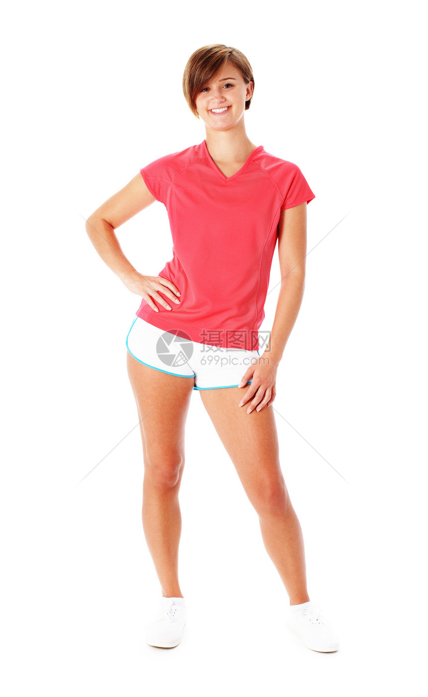 白衣孤立的红衫军中的年轻健康女性喜悦身体娱乐幸福数字重量金发金发女郎微笑姿势图片