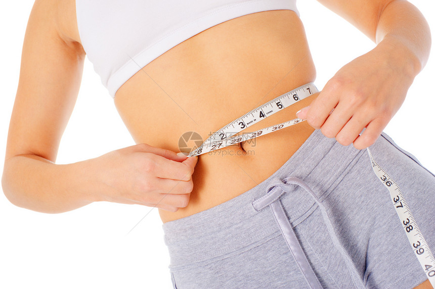衡量自己的青年妇女腹部女性测量女孩运动磁带减肥数字饮食卫生图片