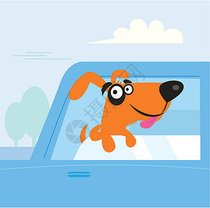 车类摆件乘坐蓝色轿车的棕色和黑色快乐狗插画