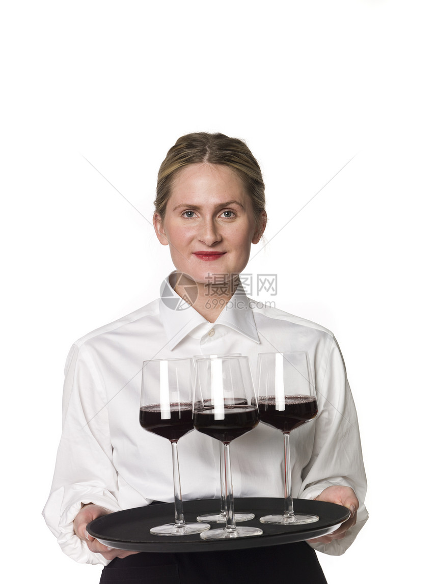 装着一盘酒杯的服务员食物服务器玻璃红色托盘工作室伴侣女士器皿女孩图片