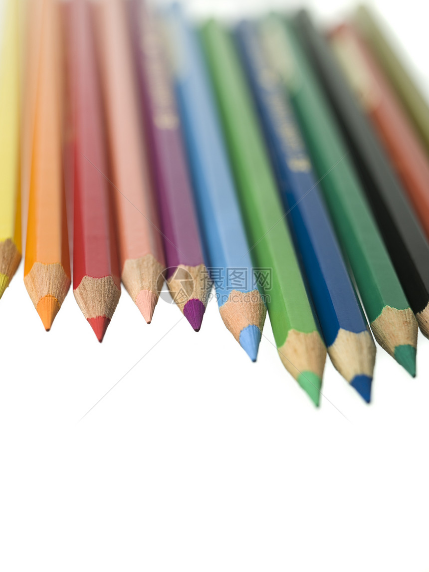 彩色铅笔列绿色黄色孩子黑色蓝色工具粉笔白色橙子团体图片