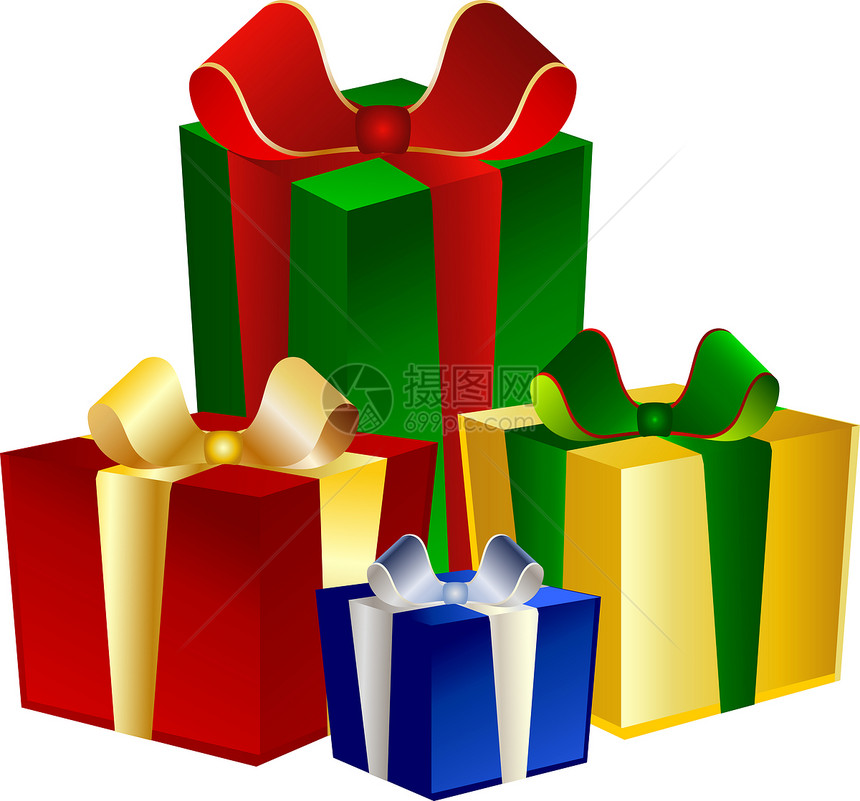 蓝色背景的四彩色礼物礼物盒墙纸丝带盒子生日插图图片