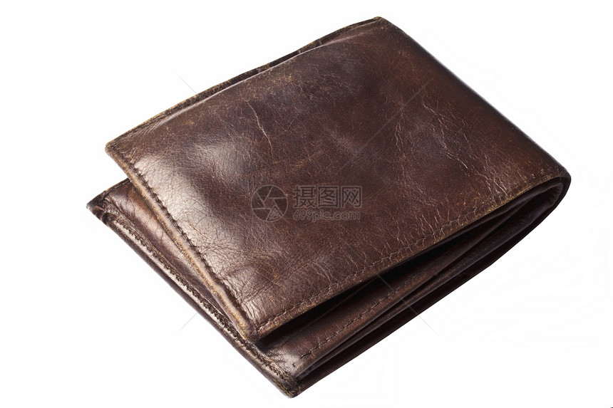 白色孤立的旧棕色钱包金属皮革卡片宏观口袋购物财富金融债务现金图片