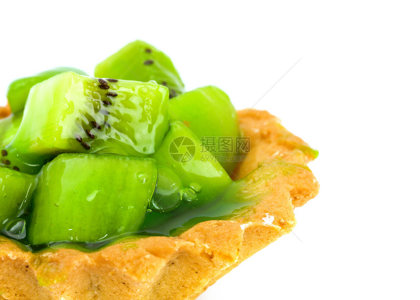 与水果基井蛋糕隔离在白色上甜点糕点奶油绿色浆果饼干馅饼脆皮小吃食物图片