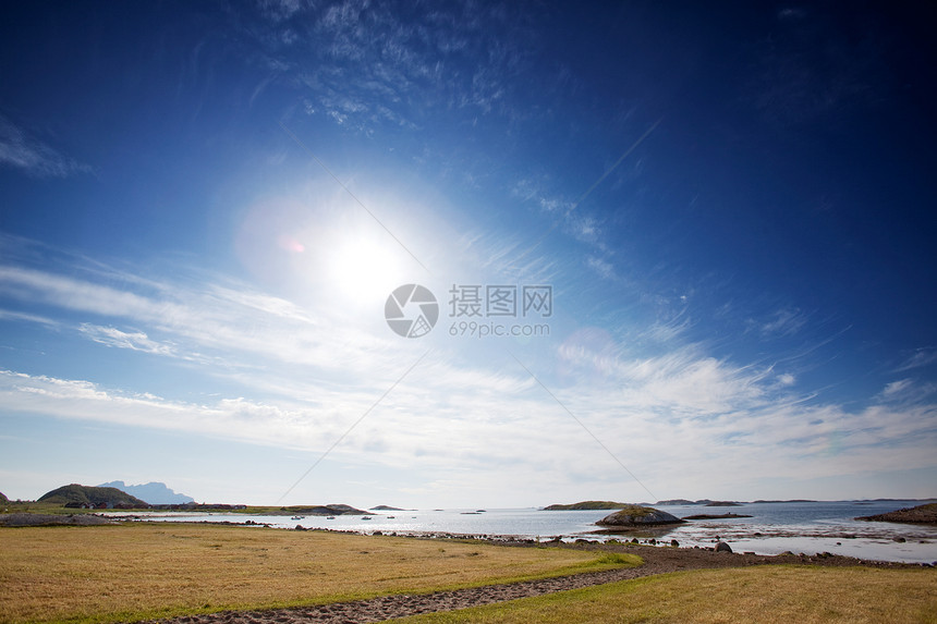 挪威风景峡湾全景蓝色天空旅行岩石支撑海洋地平线山脉图片