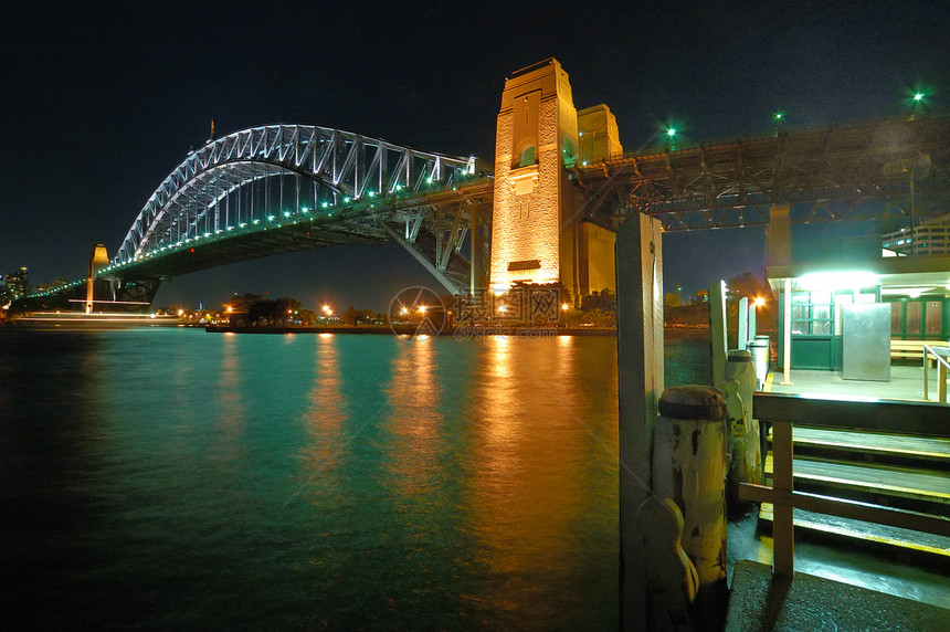 港口桥绿色日落反射图片