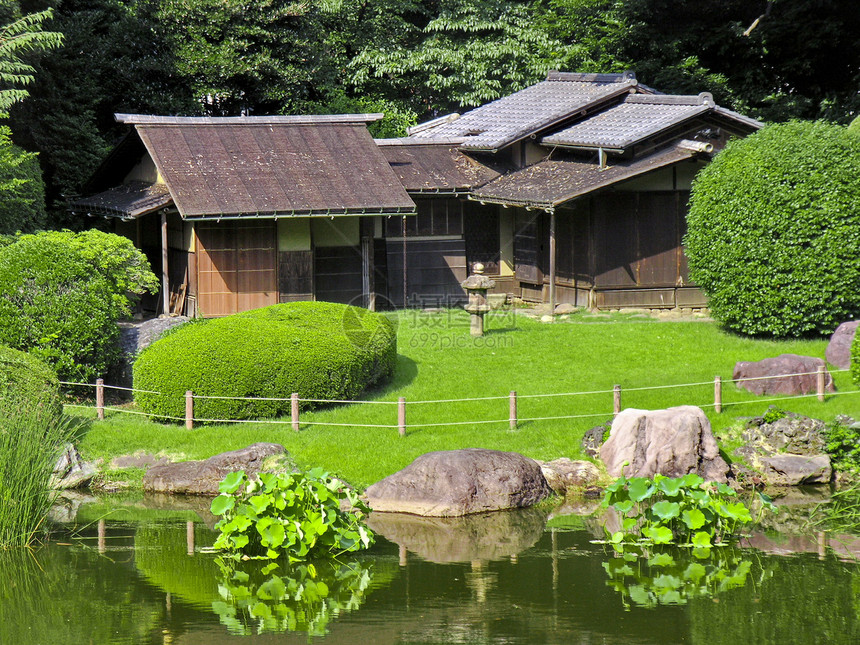 日本花园池塘公园建筑学绿色禅意房子植物园艺文化场景图片