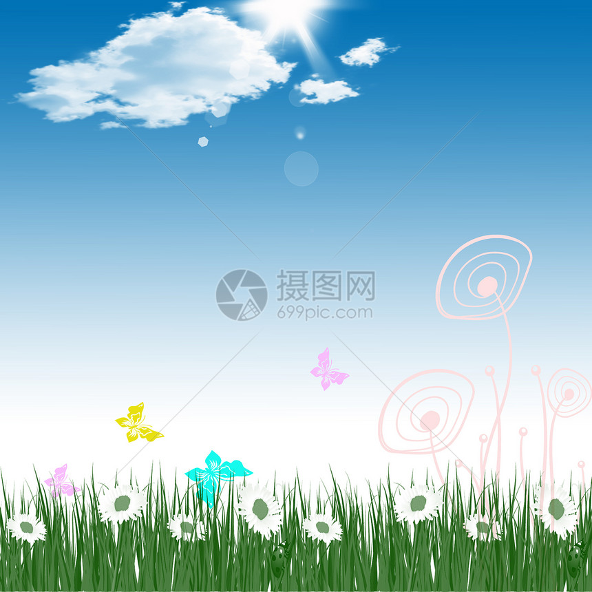 蓝色天空和鲜花的概要背景图片