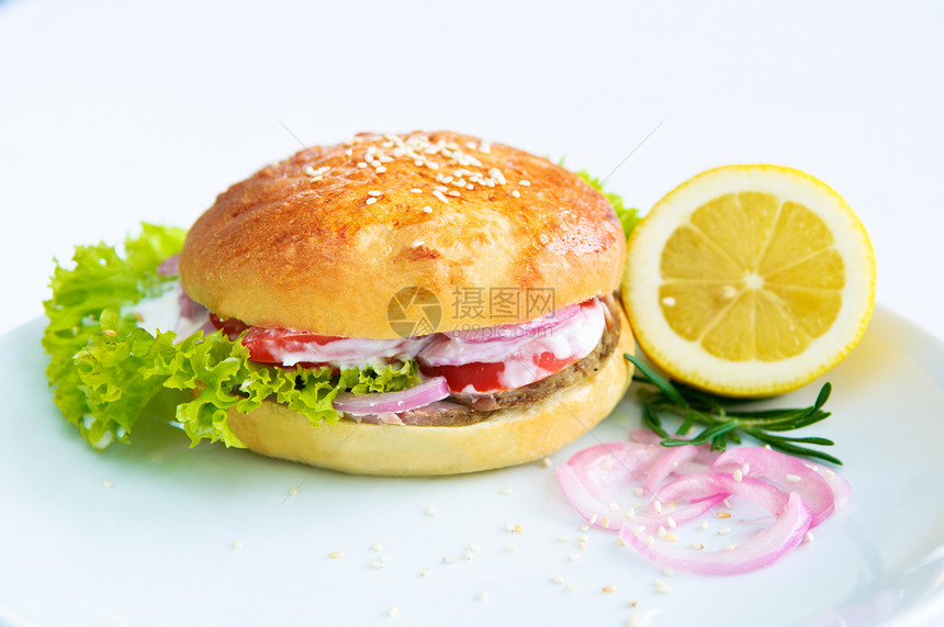 午餐时间汉堡汉堡蔬菜种子包子盘子叶子芝麻餐厅食物美食小吃图片