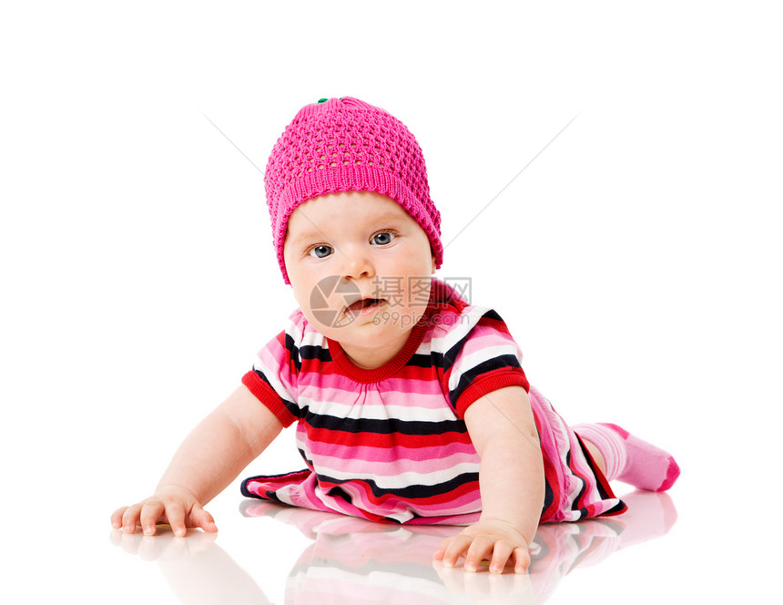 6个月女孩幸福粉色白色快乐儿童说谎眼睛好奇心孙子喜悦图片