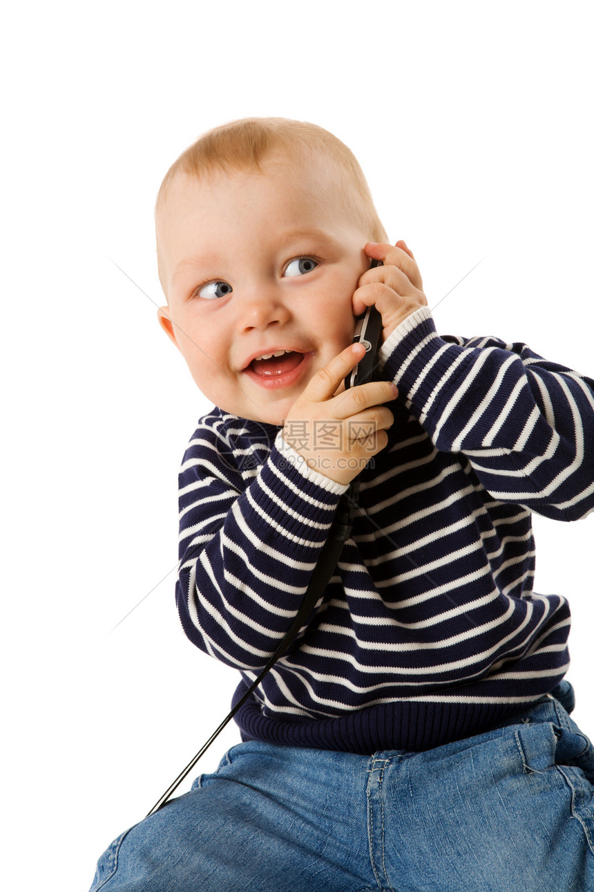 男孩在电话上说话后代幸福白色追求快乐儿童细胞蓝色男性个性图片