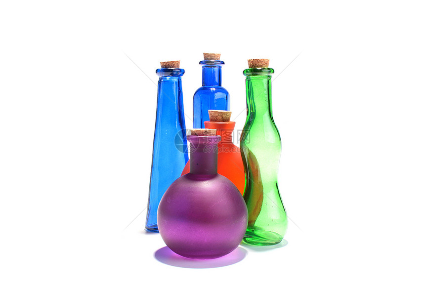 一套瓶子杂色绿色塞子收藏血管蓝色玻璃团体香水厂图片