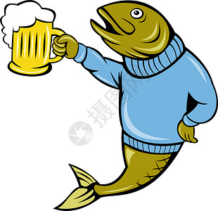 持有啤酒杯的鱼插图艺术品啤酒卡通片毛衣背景图片