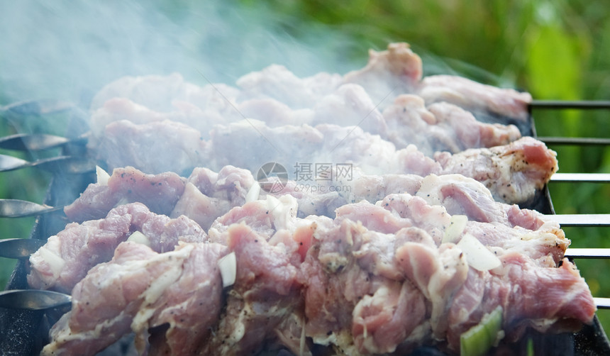 烹饪肉汁煤炭烧烤洋葱猪肉水平用餐绿色牛扒黄色团体图片