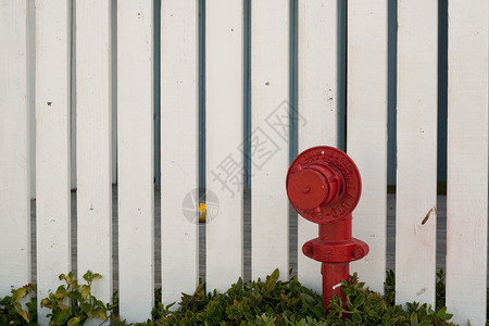 消防水管消防栓红色活力金属木头出水口白色板条绿色背景
