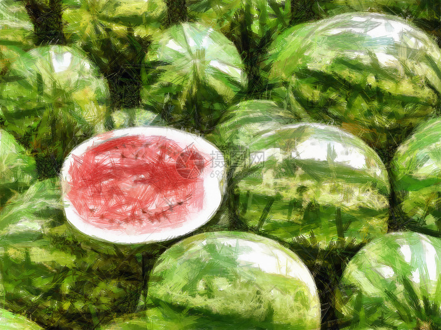 西瓜水果绿色红色绘画食物插图图片