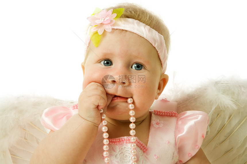 女婴女儿童年婴儿白色咀嚼喜悦惊喜好奇心粉色金发图片