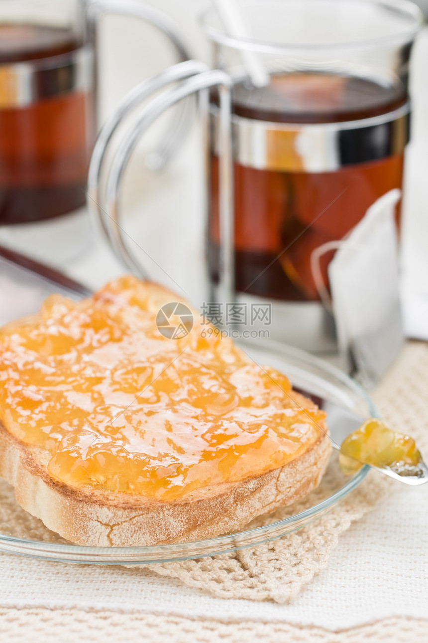 配果酱的吐司食物茶点棕色盘子橙子水果美食英语黄色白色图片