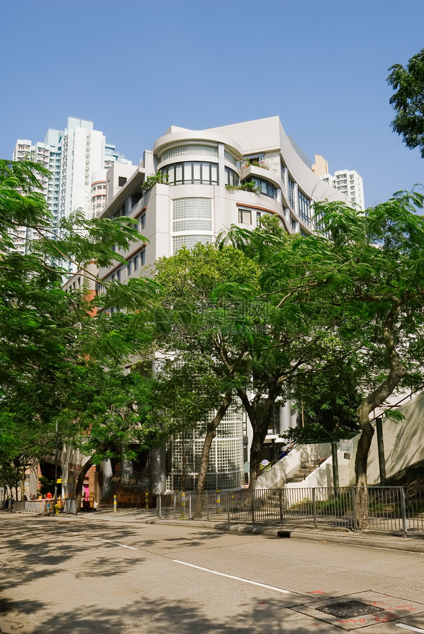 街道外面的高高白色公寓楼外风景奢华建筑天空车道大厦建筑学叶子住所房子图片