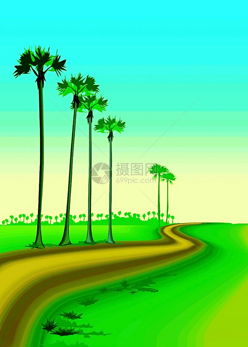 向量 风景山脉插图河流树木蓝色天空道路免费绿色草原图片