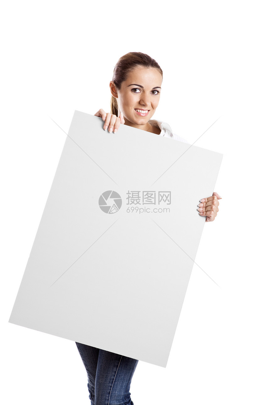 持有广告牌的妇女微笑横幅白色营销空白卡片推介会海报商业女孩图片